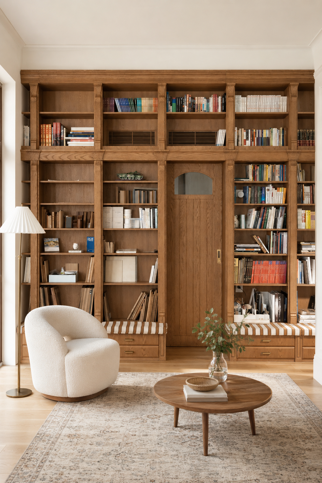 Made-to-order oak veneer library wall with integrated door, open shelving, storage drawers and upholstered bench seating. Custom veneers, dimensions and finishes available.