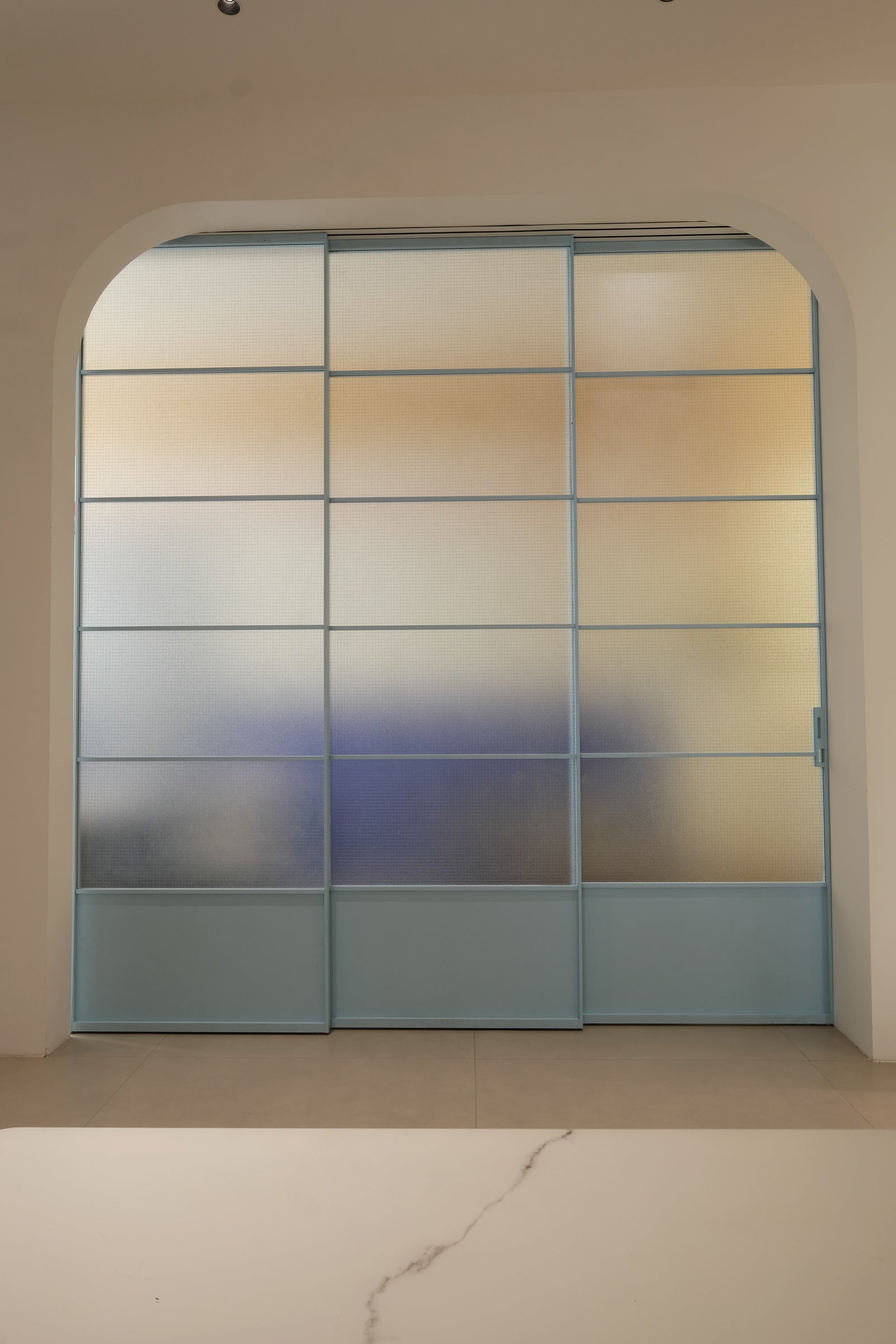 Blue-Gray 3-Panel Textured Glass Sliding Door