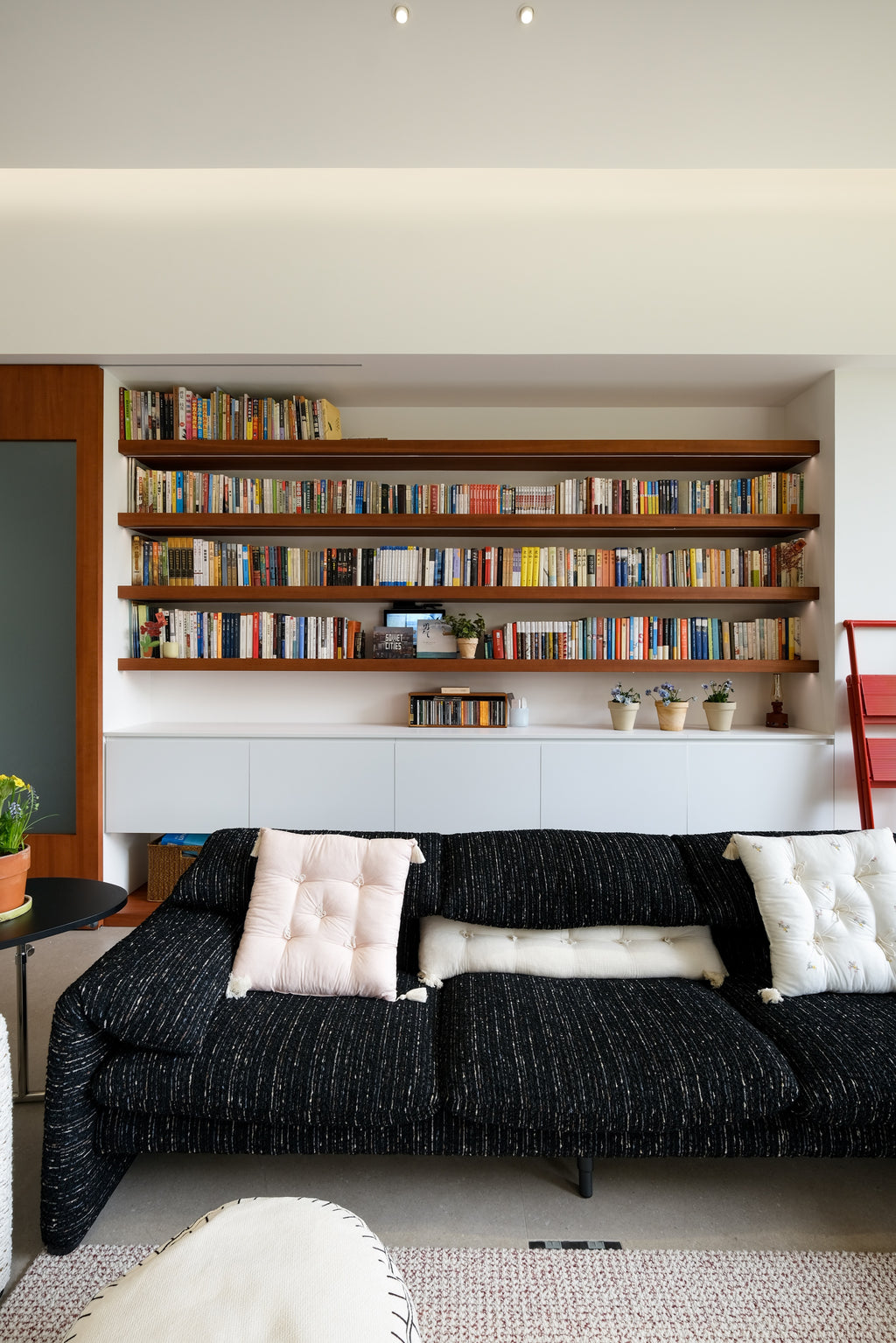 Custom Teak Veneer Shelving System with Sliding Glass Door & Lacquered Cabinet