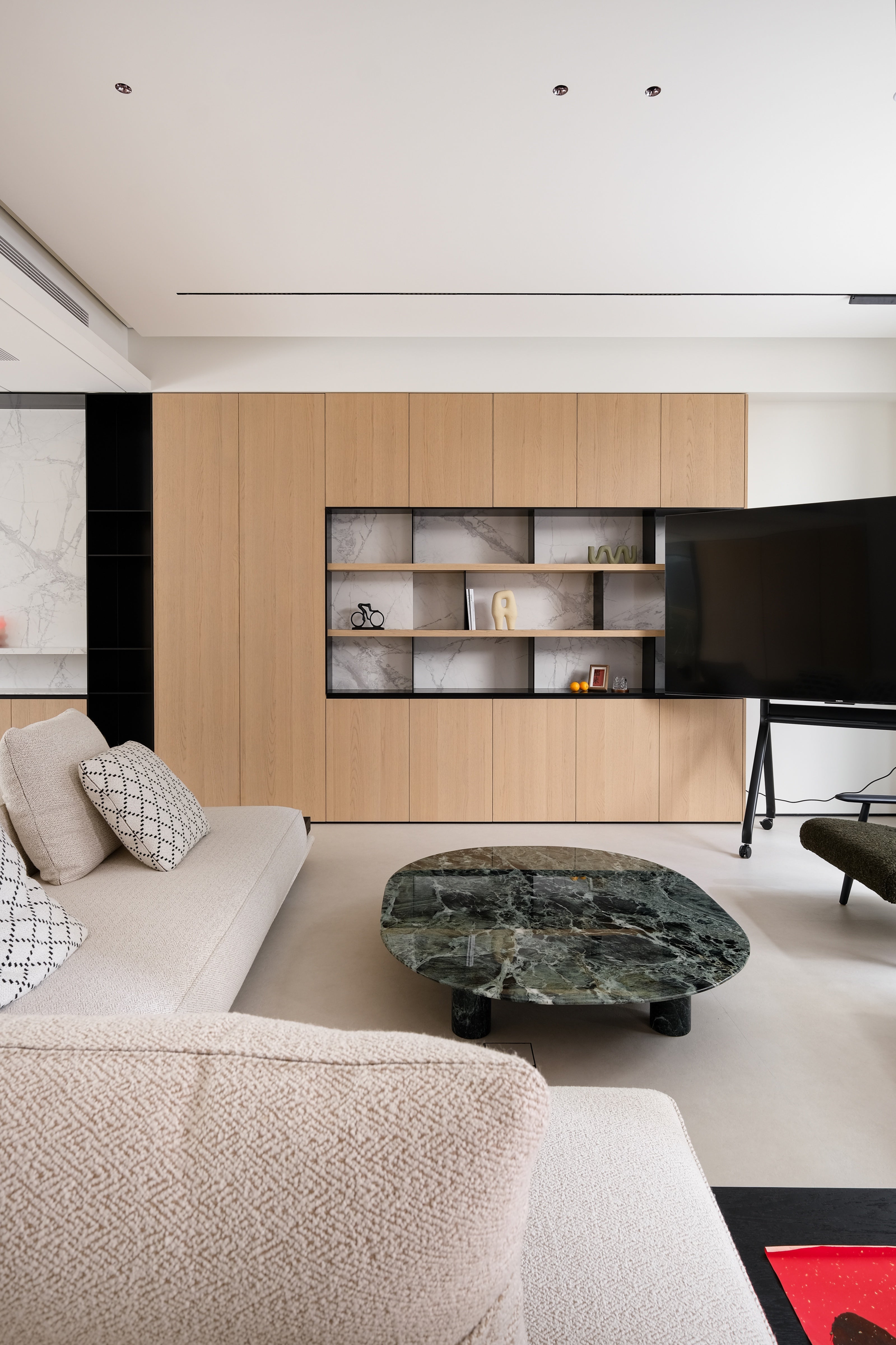 Custom Oak Veneer Media Wall with Marble Display Shelving