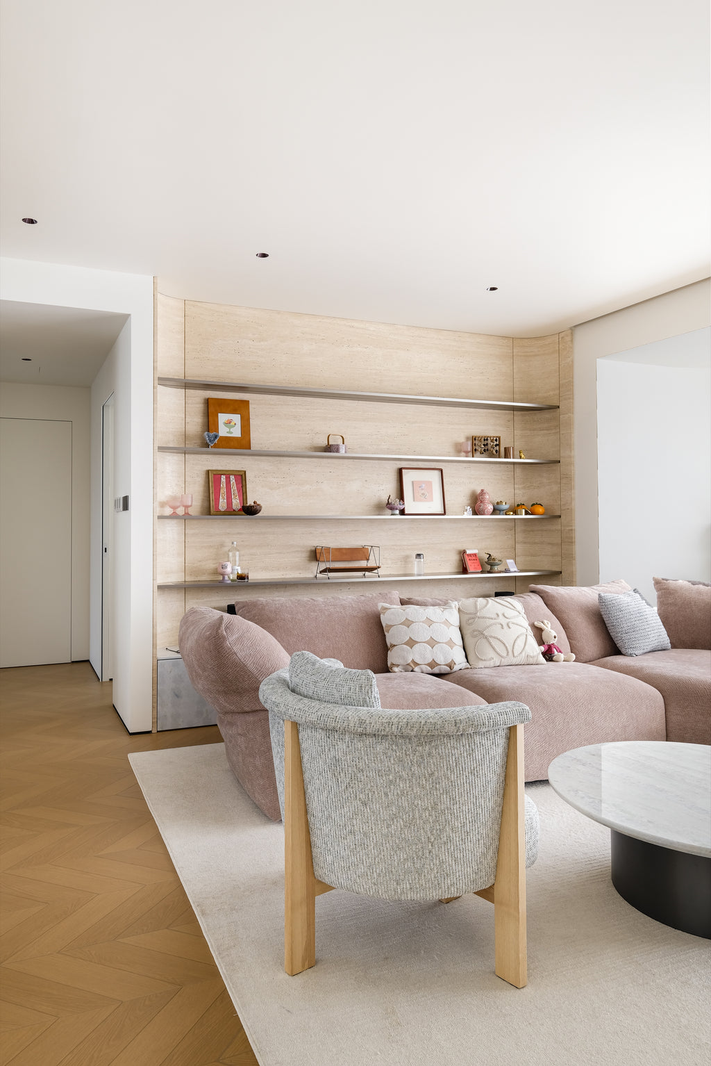 Custom Stone Display Wall with Floating Shelves