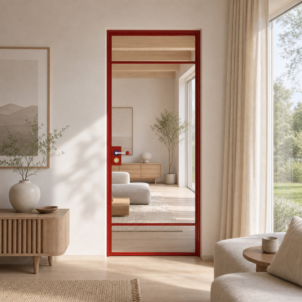 Red Minimalist Full-Glass Interior Door with Transom