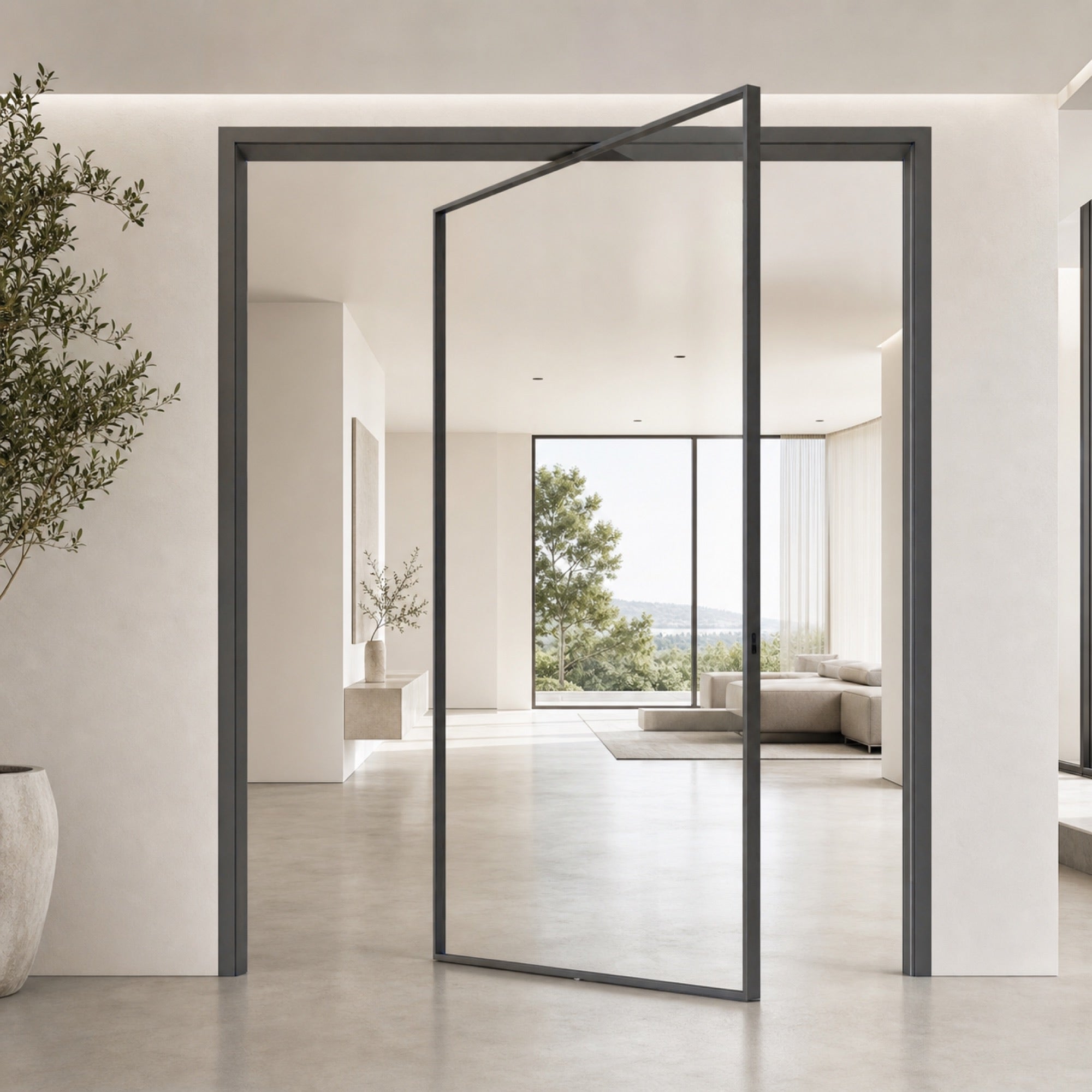 Minimalist Clear Glass Pivot Door | Graphite Aluminum Frame