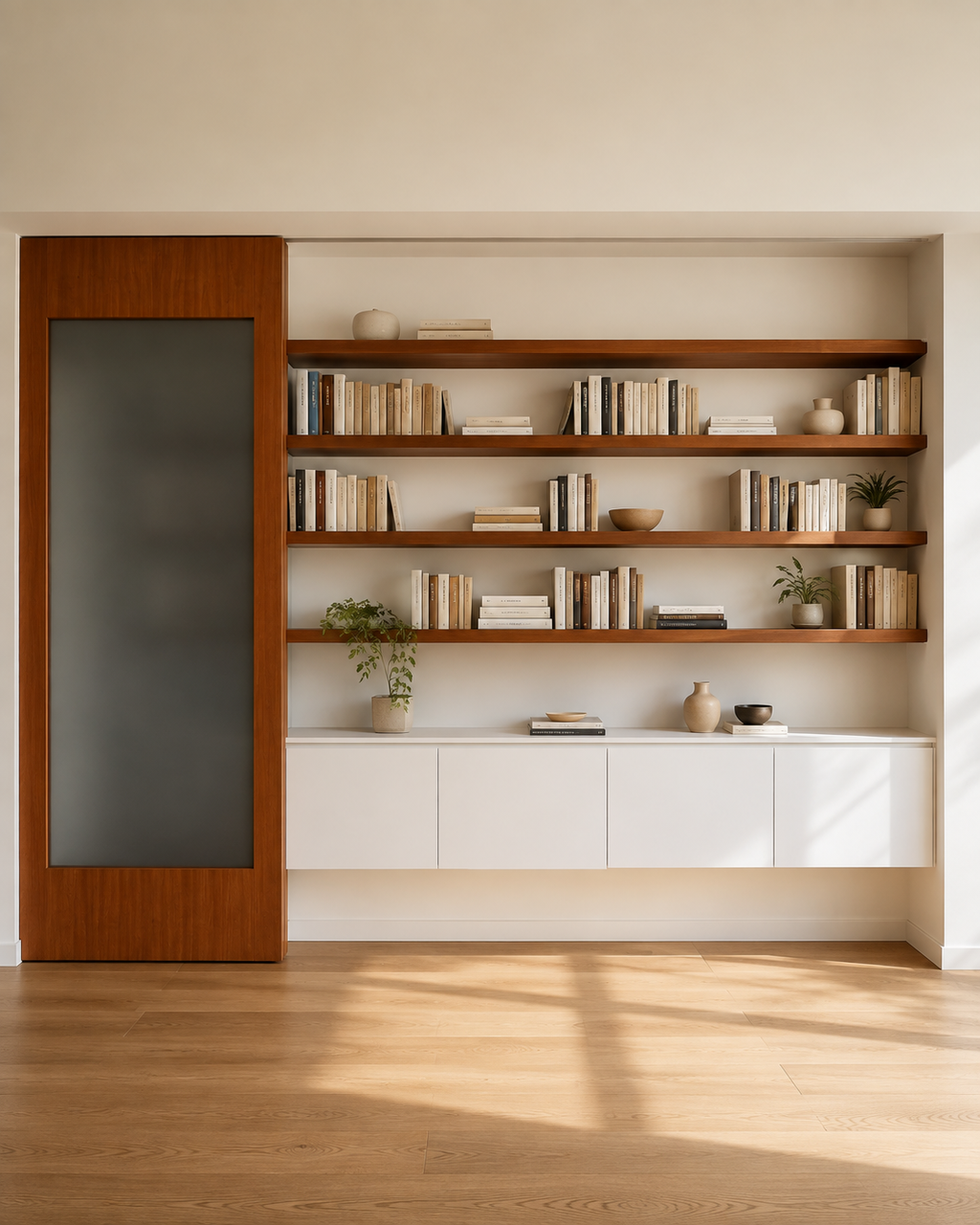 Custom Teak Veneer Shelving System with Sliding Glass Door & Lacquered Cabinet