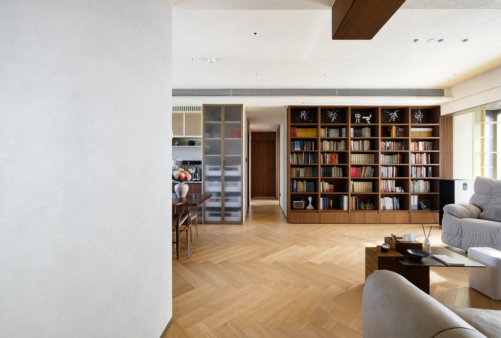 Custom Walnut Library Wall with Integrated Storage