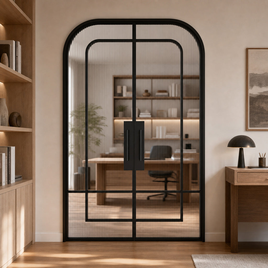 Black Layered-Arch Reeded Glass Double Door