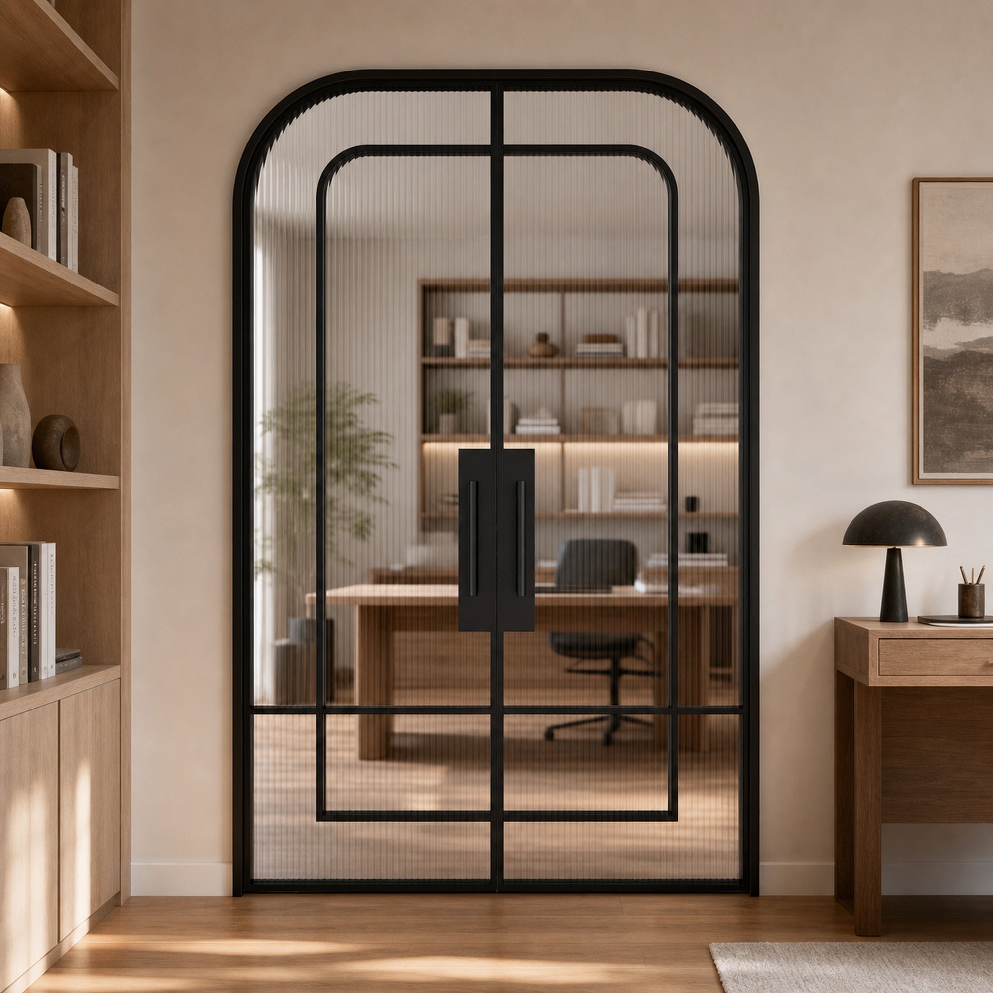 Black Layered-Arch Reeded Glass Double Door