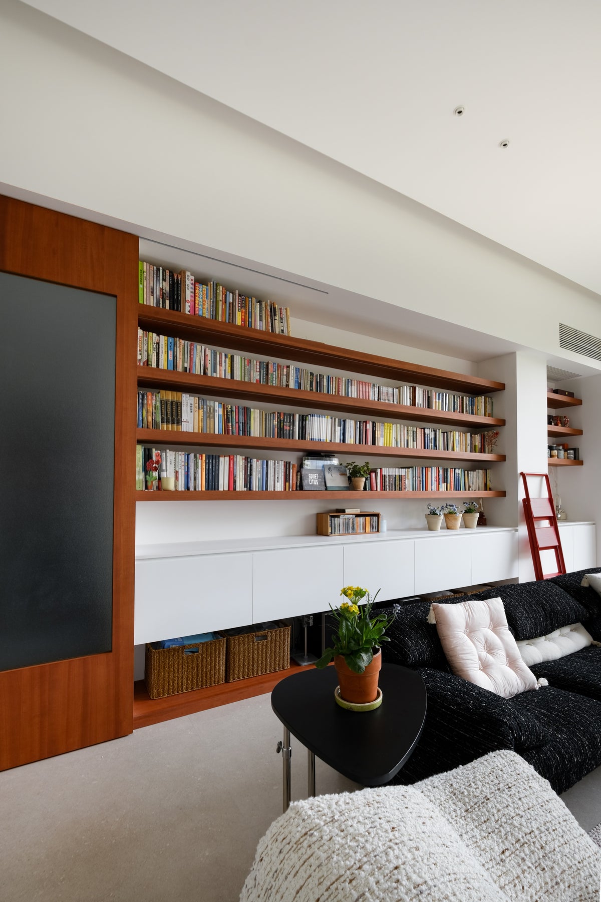 Custom Teak Veneer Shelving System with Sliding Glass Door & Lacquered Cabinet