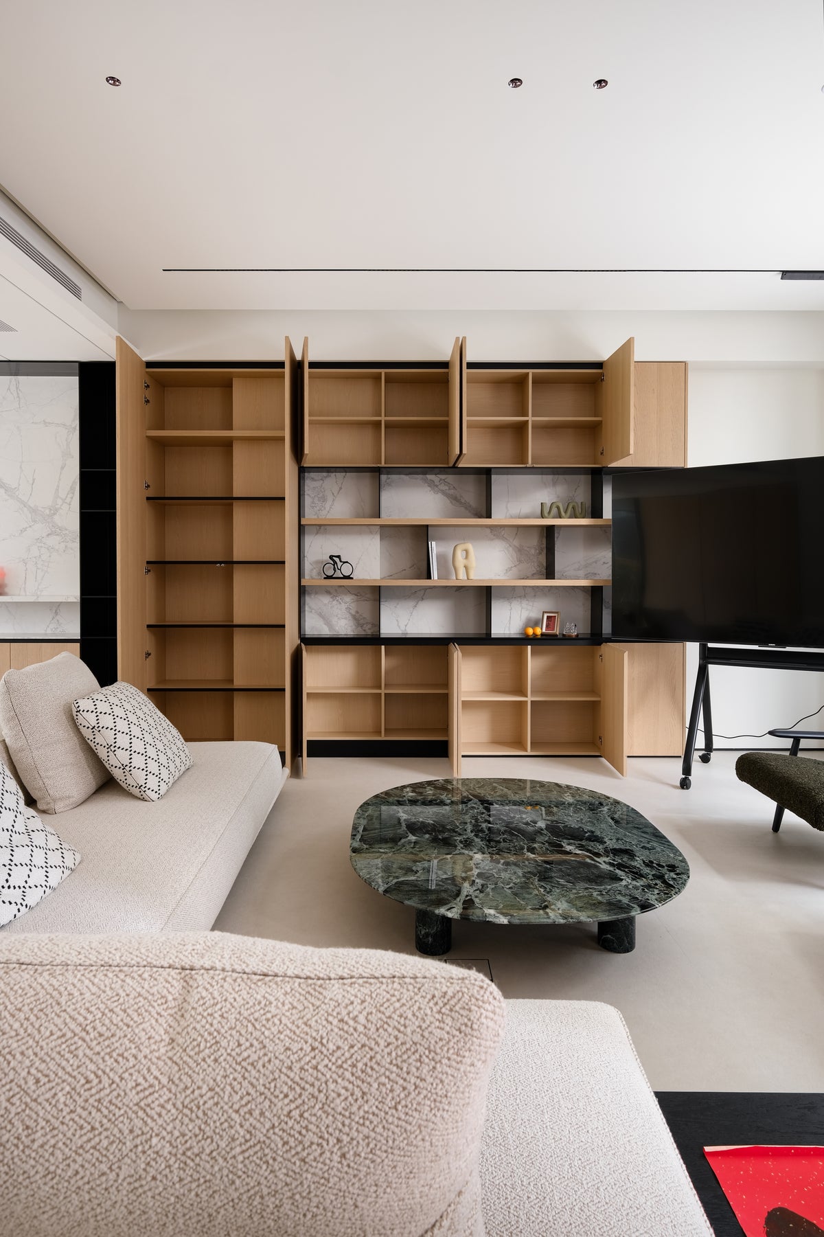 Custom Oak Veneer Media Wall with Marble Display Shelving