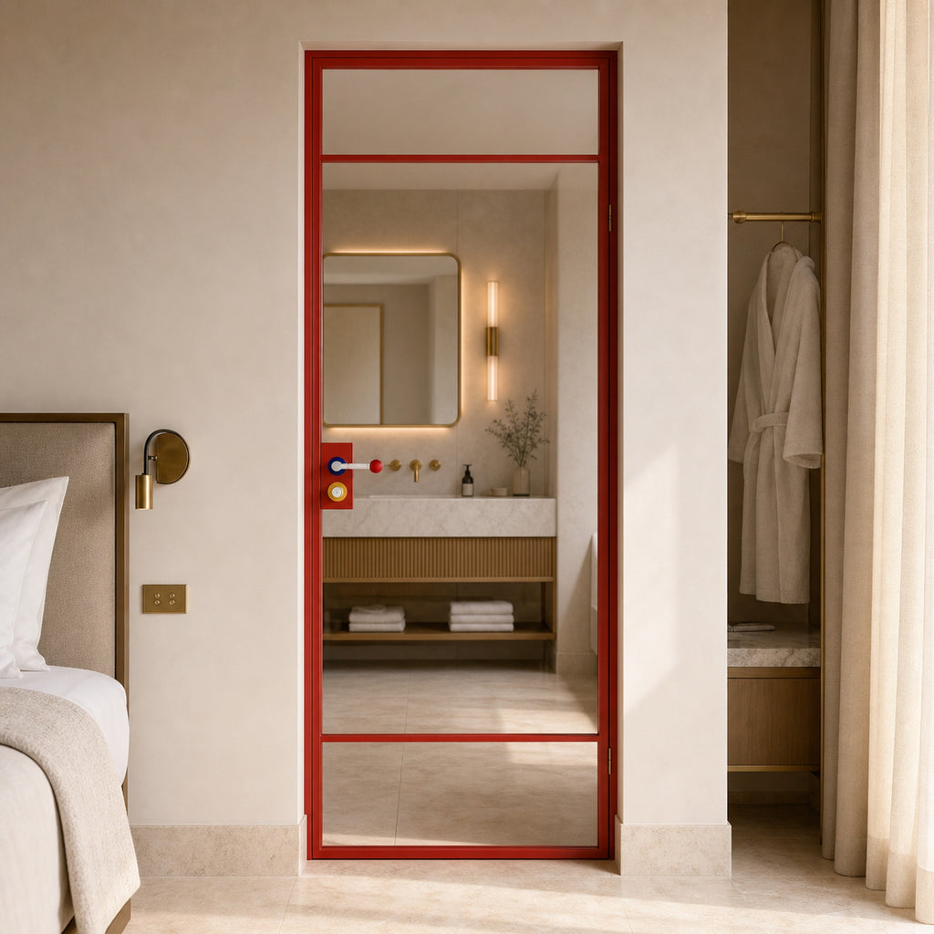 Red Minimalist Full-Glass Interior Door with Transom