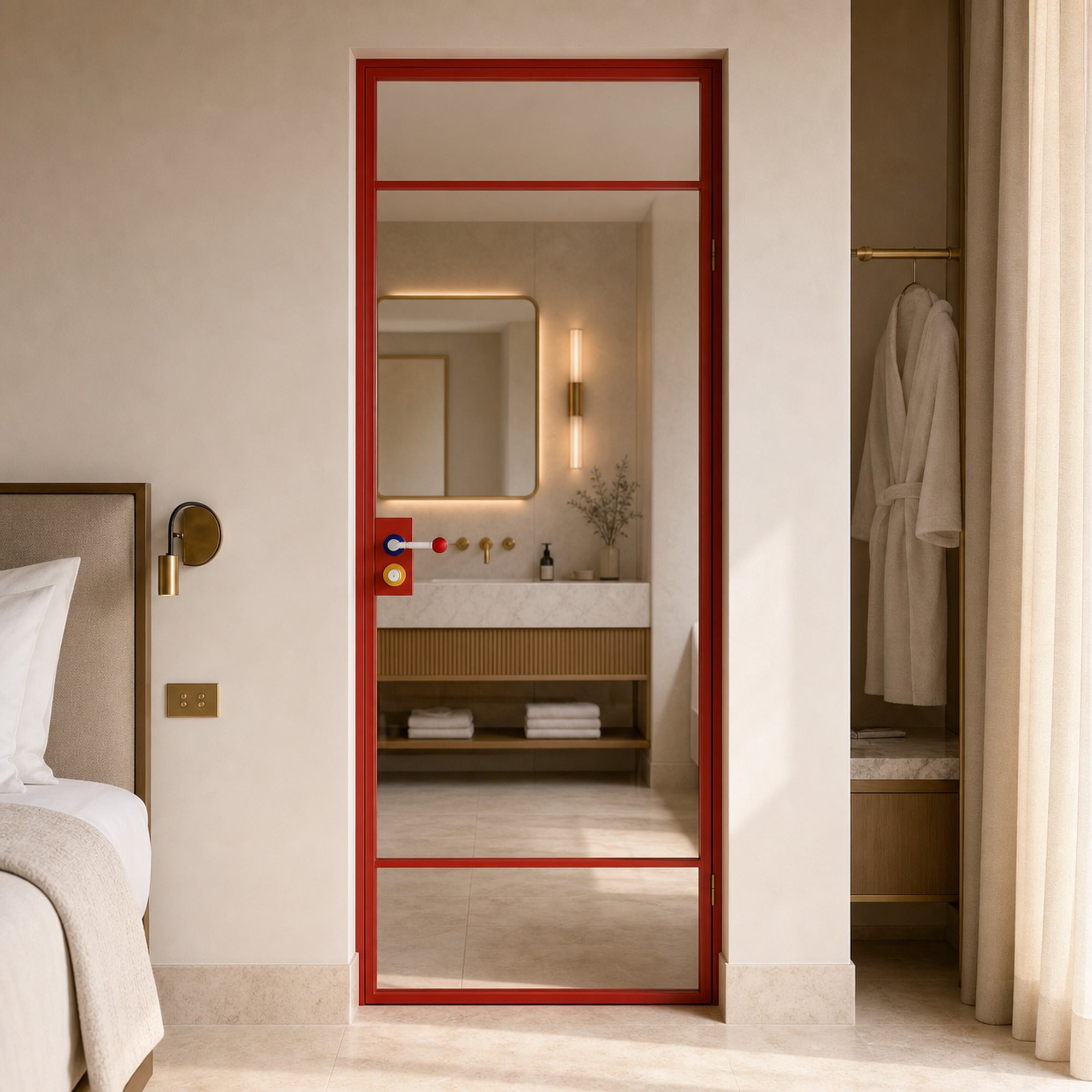 Red Minimalist Full-Glass Interior Door with Transom