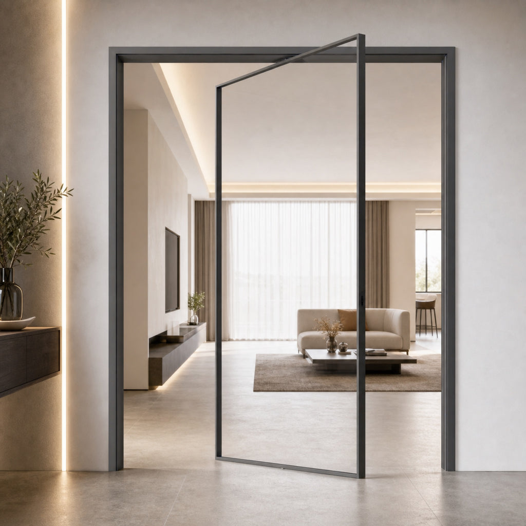 Minimalist Clear Glass Pivot Door | Graphite Aluminum Frame