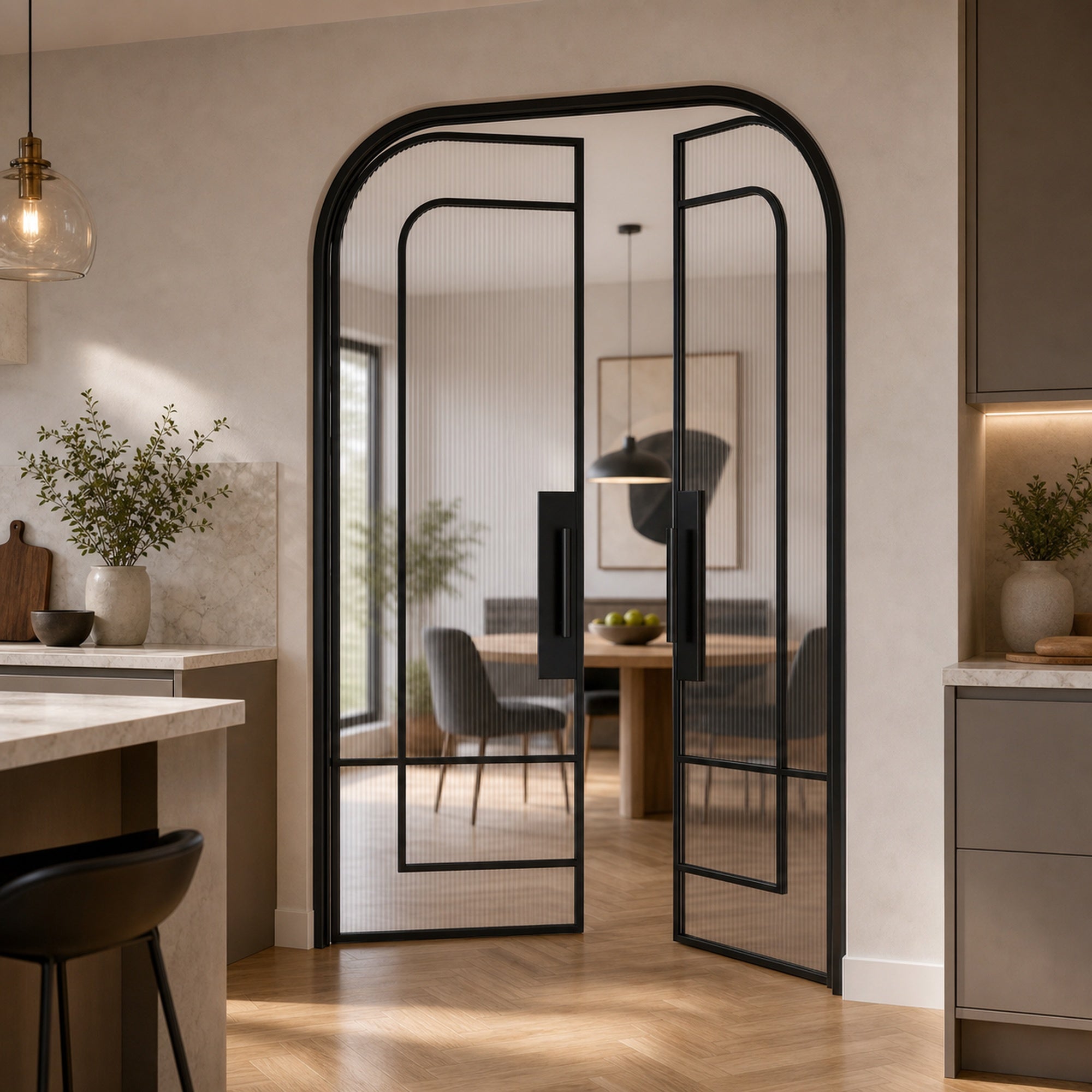 Black Layered-Arch Reeded Glass Double Door