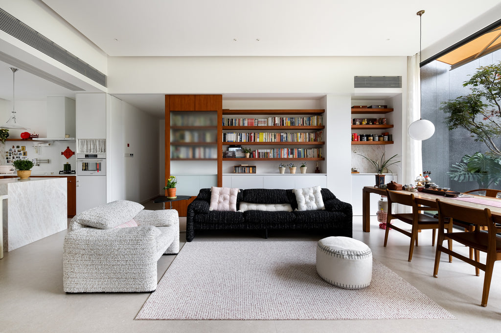 Custom Teak Veneer Shelving System with Sliding Glass Door & Lacquered Cabinet