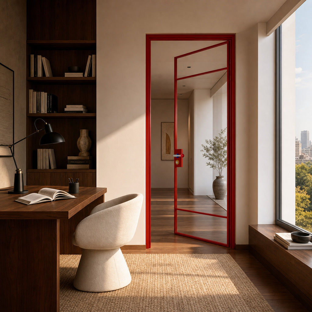 Red Minimalist Full-Glass Interior Door with Transom