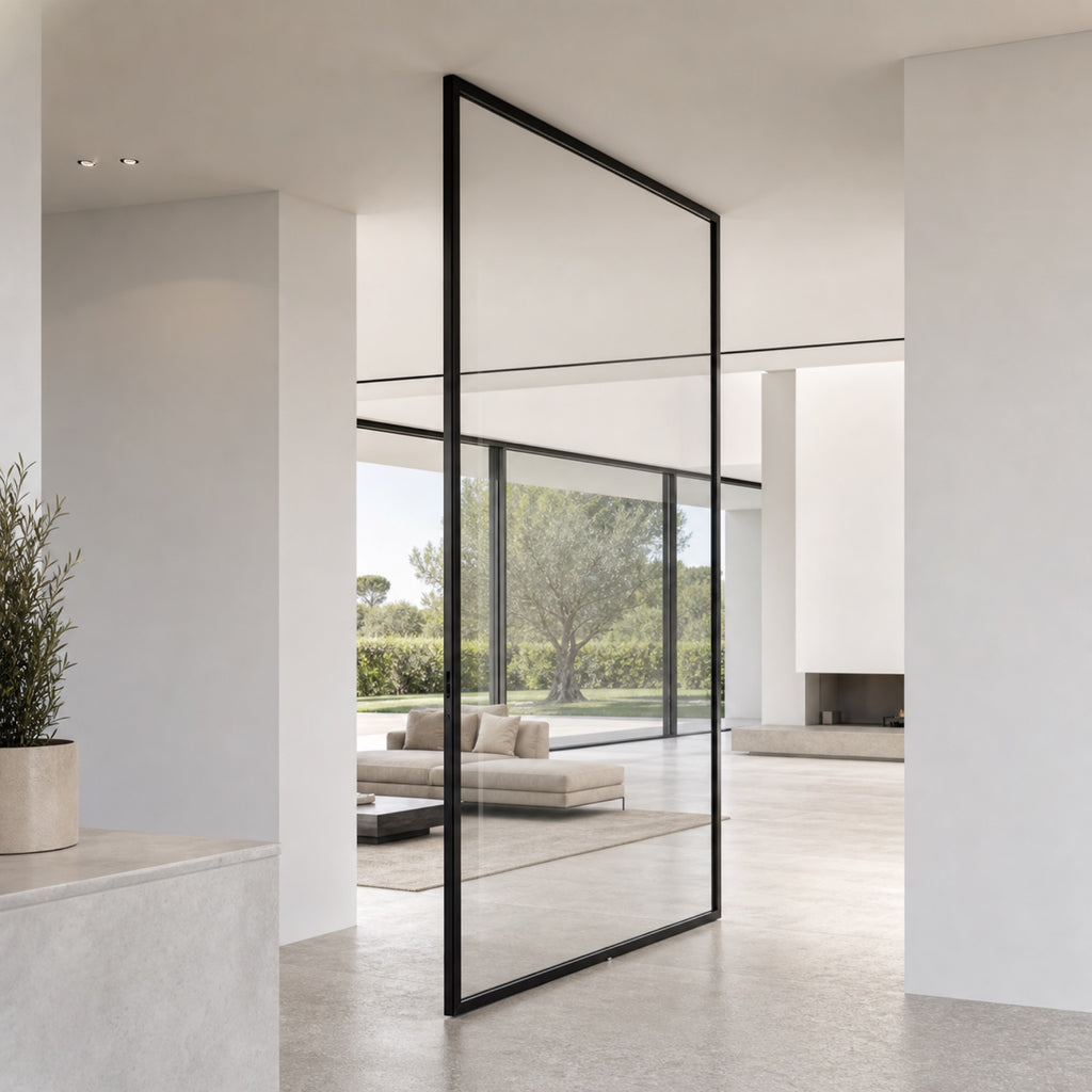 Minimalist Clear Glass Pivot Door | Graphite Aluminum Frame