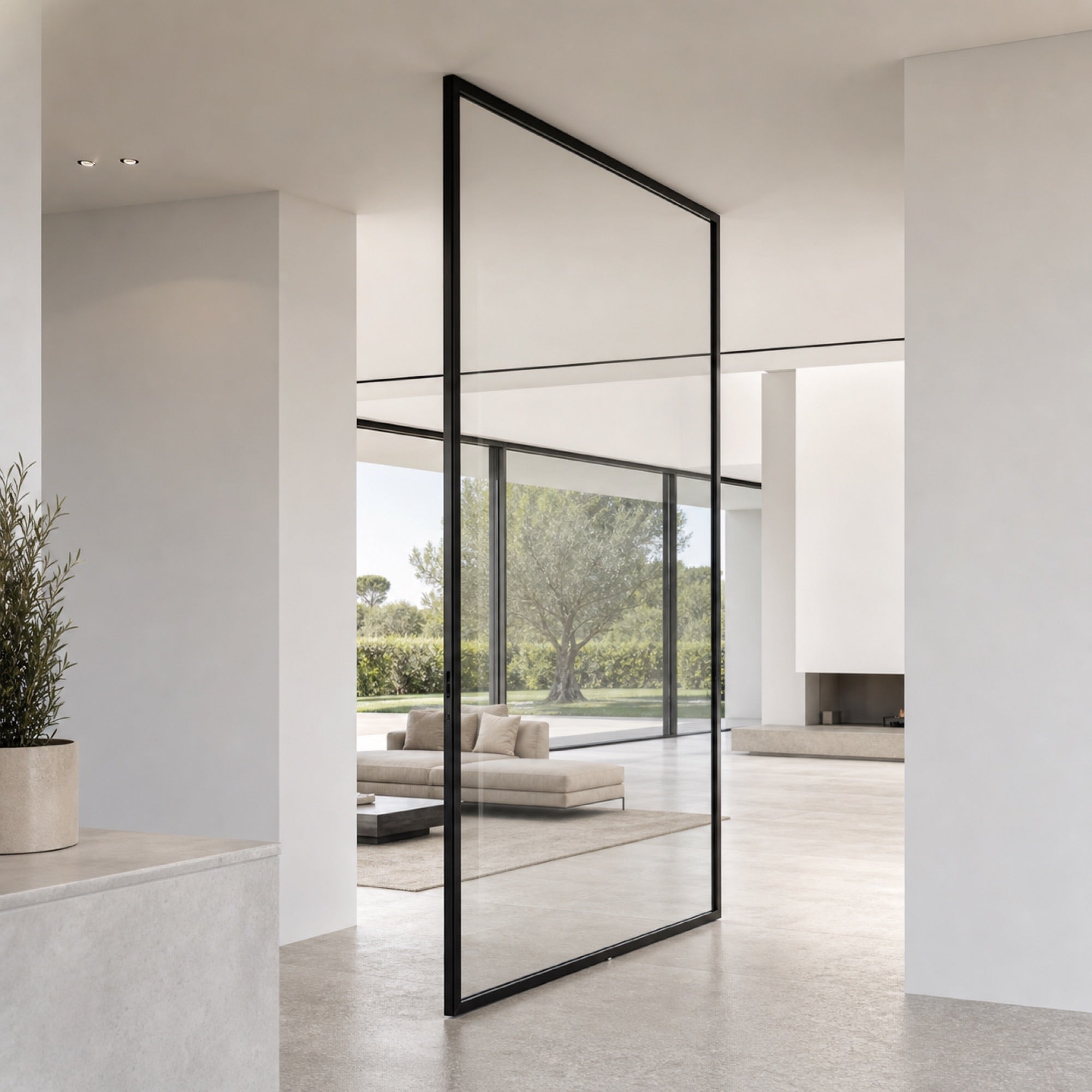 Minimalist Clear Glass Pivot Door | Graphite Aluminum Frame