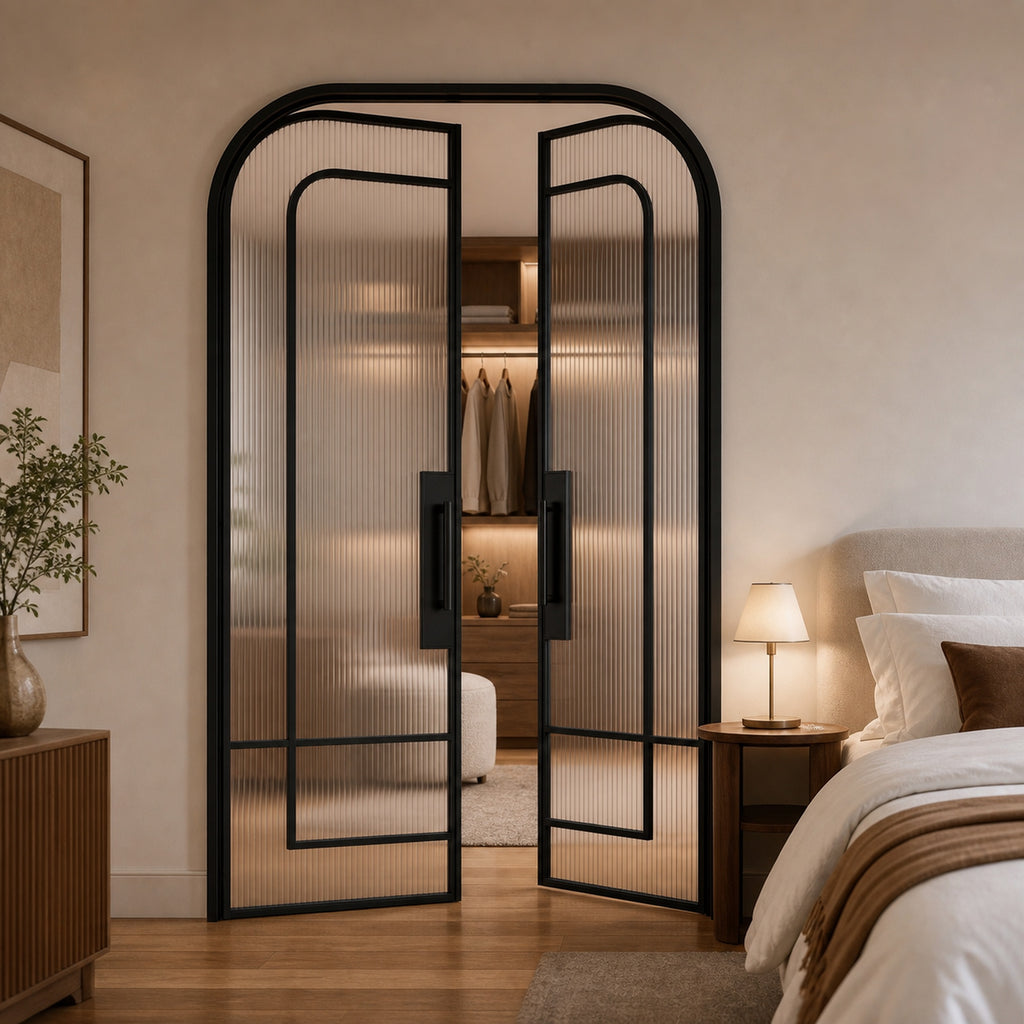 Black Layered-Arch Reeded Glass Double Door