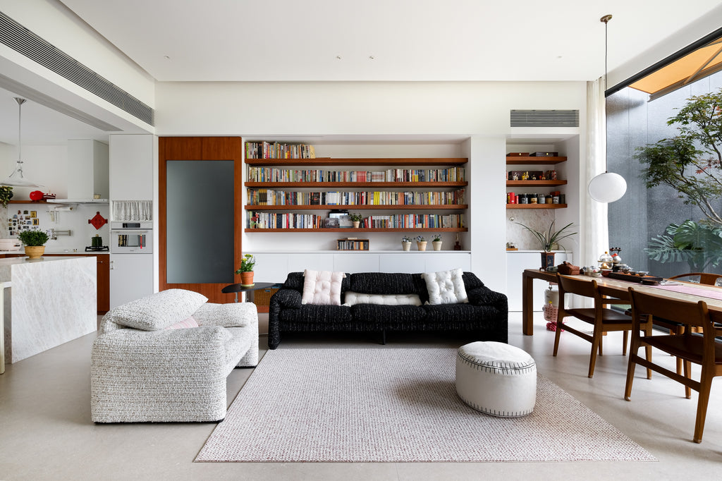 Custom Teak Veneer Shelving System with Sliding Glass Door & Lacquered Cabinet