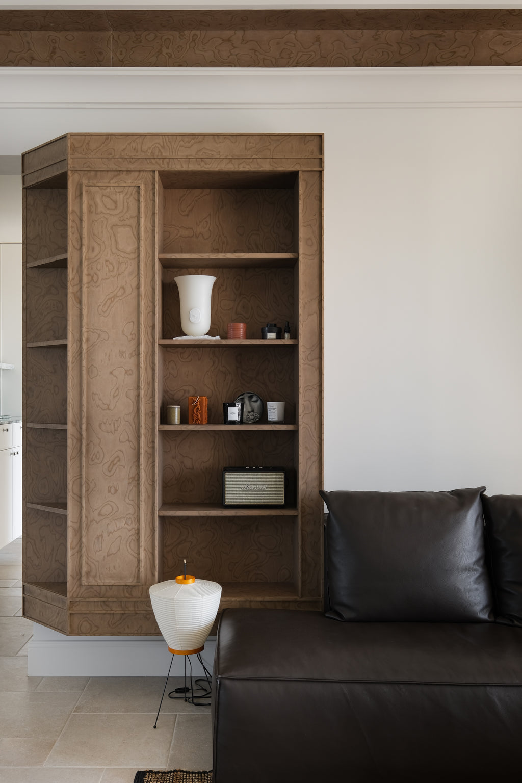 Custom Figured Wood Display Cabinet with Open Shelving