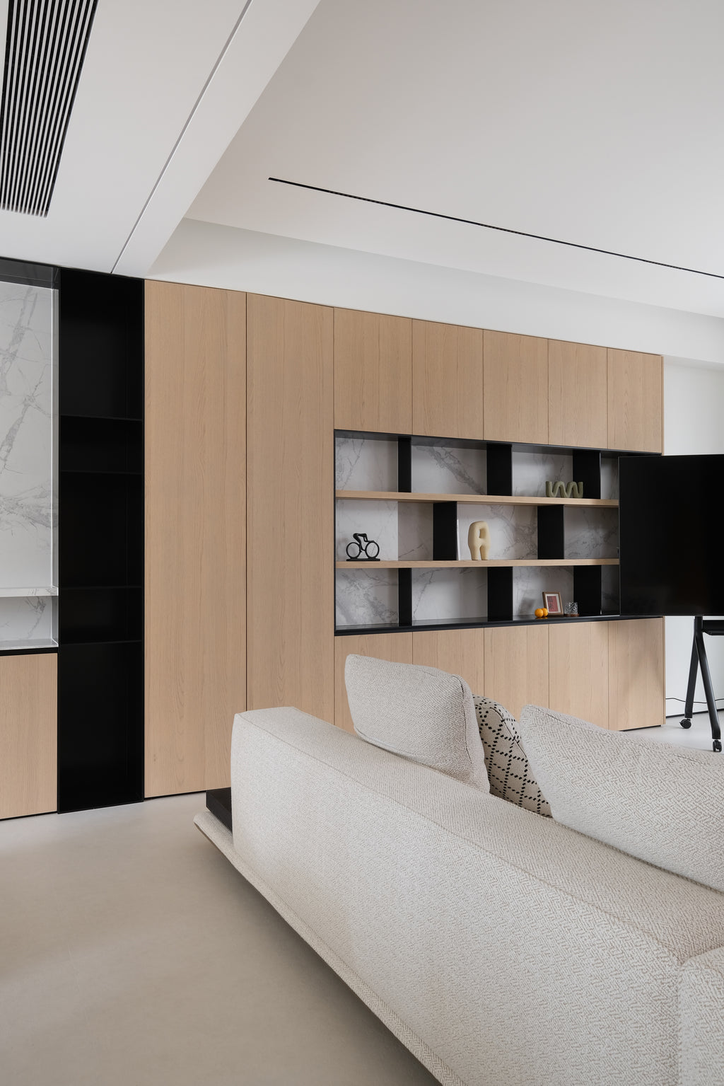 Custom Oak Veneer Media Wall with Marble Display Shelving
