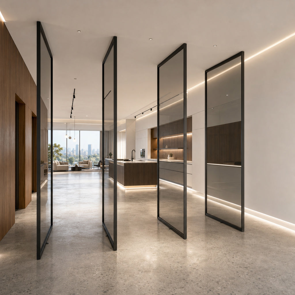 Minimalist Clear Glass Pivot Door | Graphite Aluminum Frame