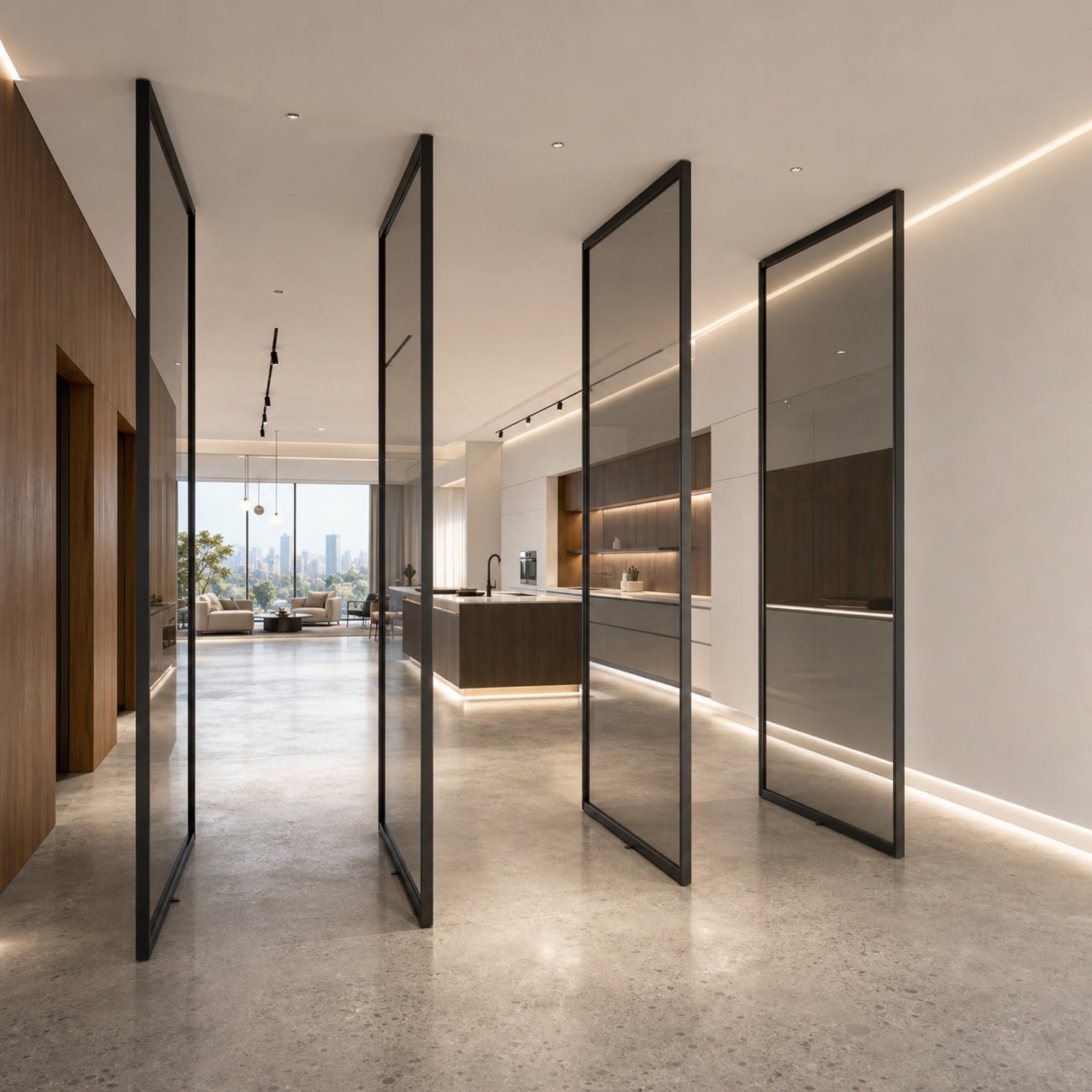 Minimalist Clear Glass Pivot Door | Graphite Aluminum Frame