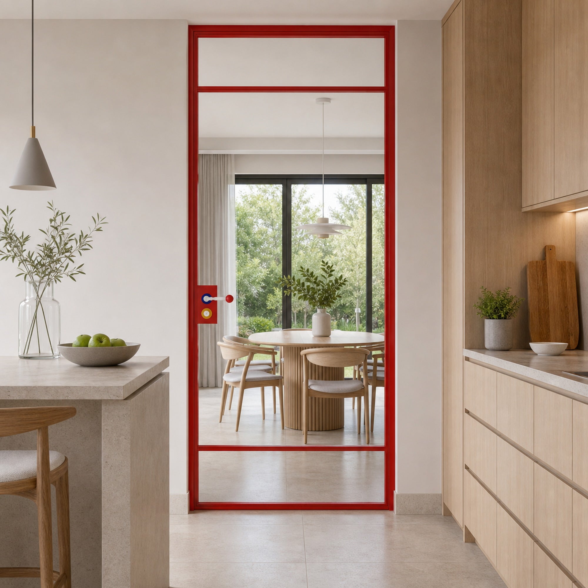 Red Minimalist Full-Glass Interior Door with Transom