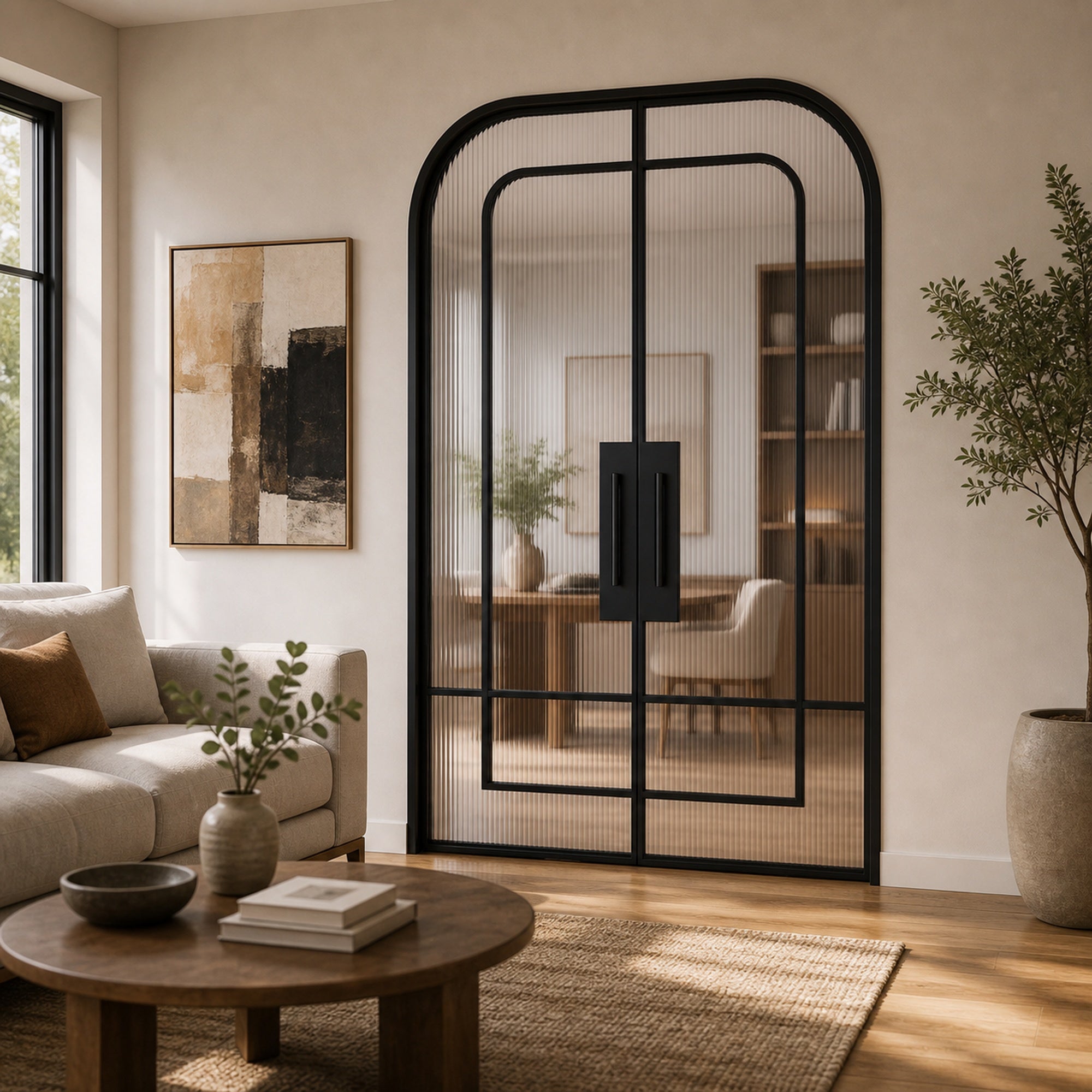 Black Layered-Arch Reeded Glass Double Door