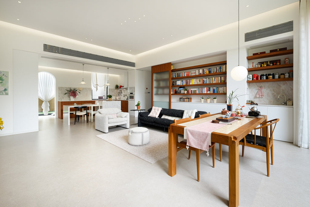 Custom Teak Veneer Shelving System with Sliding Glass Door & Lacquered Cabinet