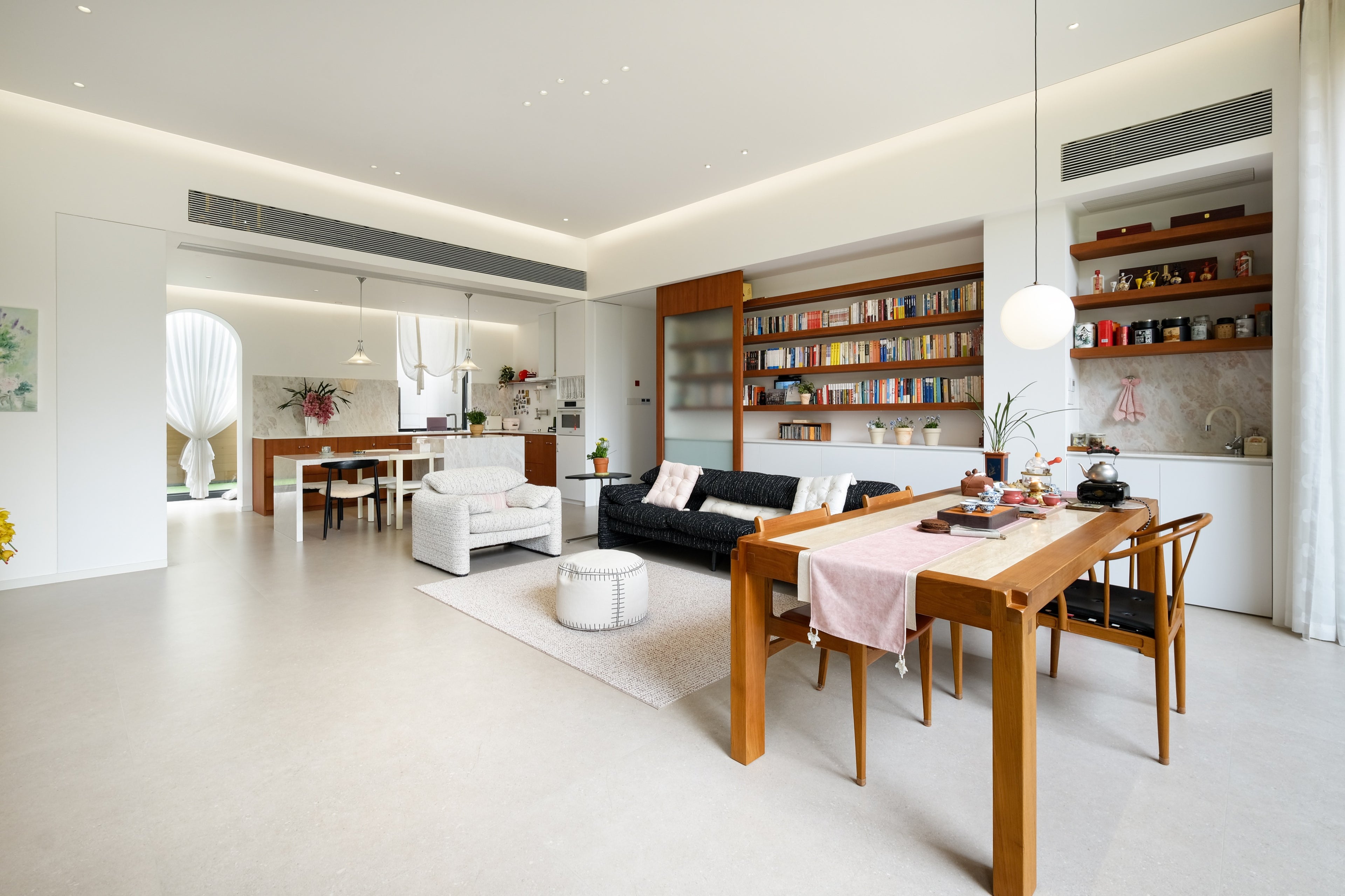 Custom Teak Veneer Shelving System with Sliding Glass Door & Lacquered Cabinet