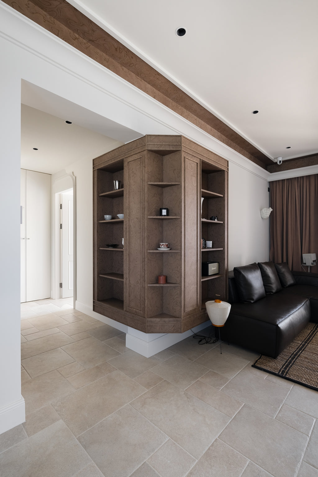 Custom Figured Wood Display Cabinet with Open Shelving