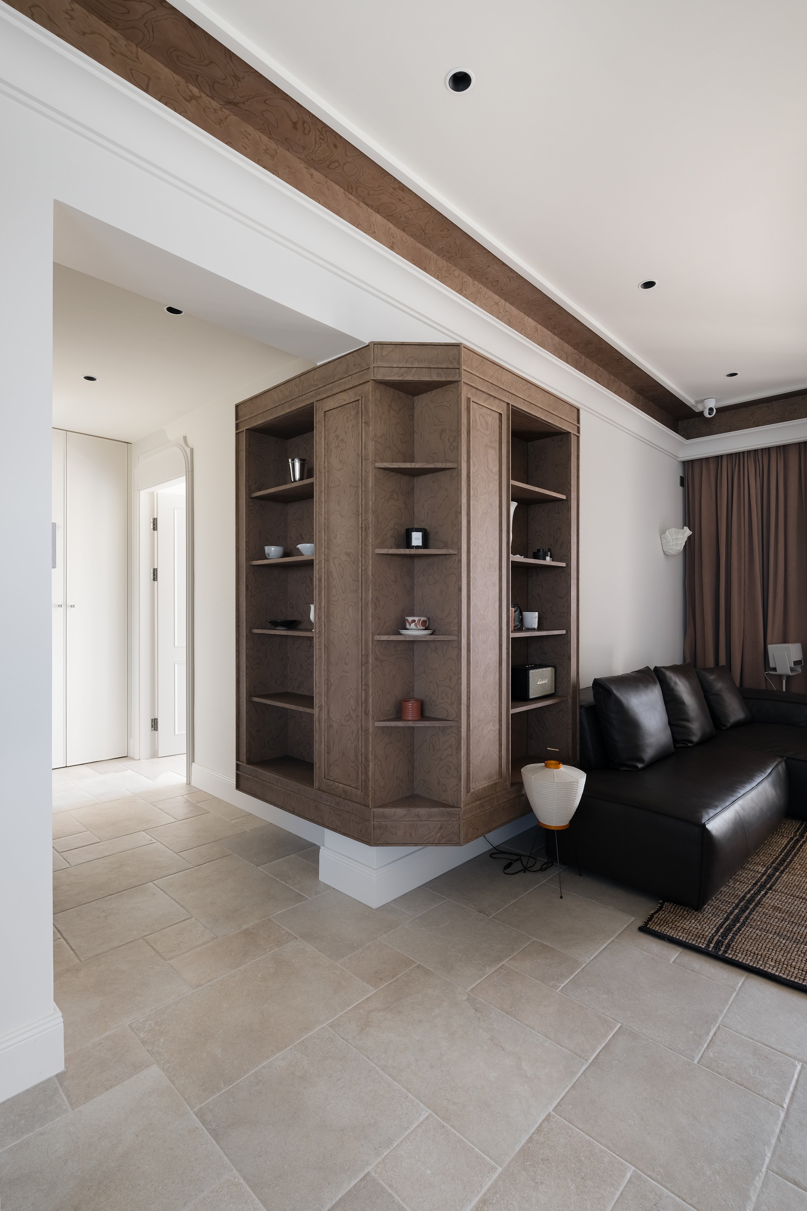 Custom Figured Wood Display Cabinet with Open Shelving