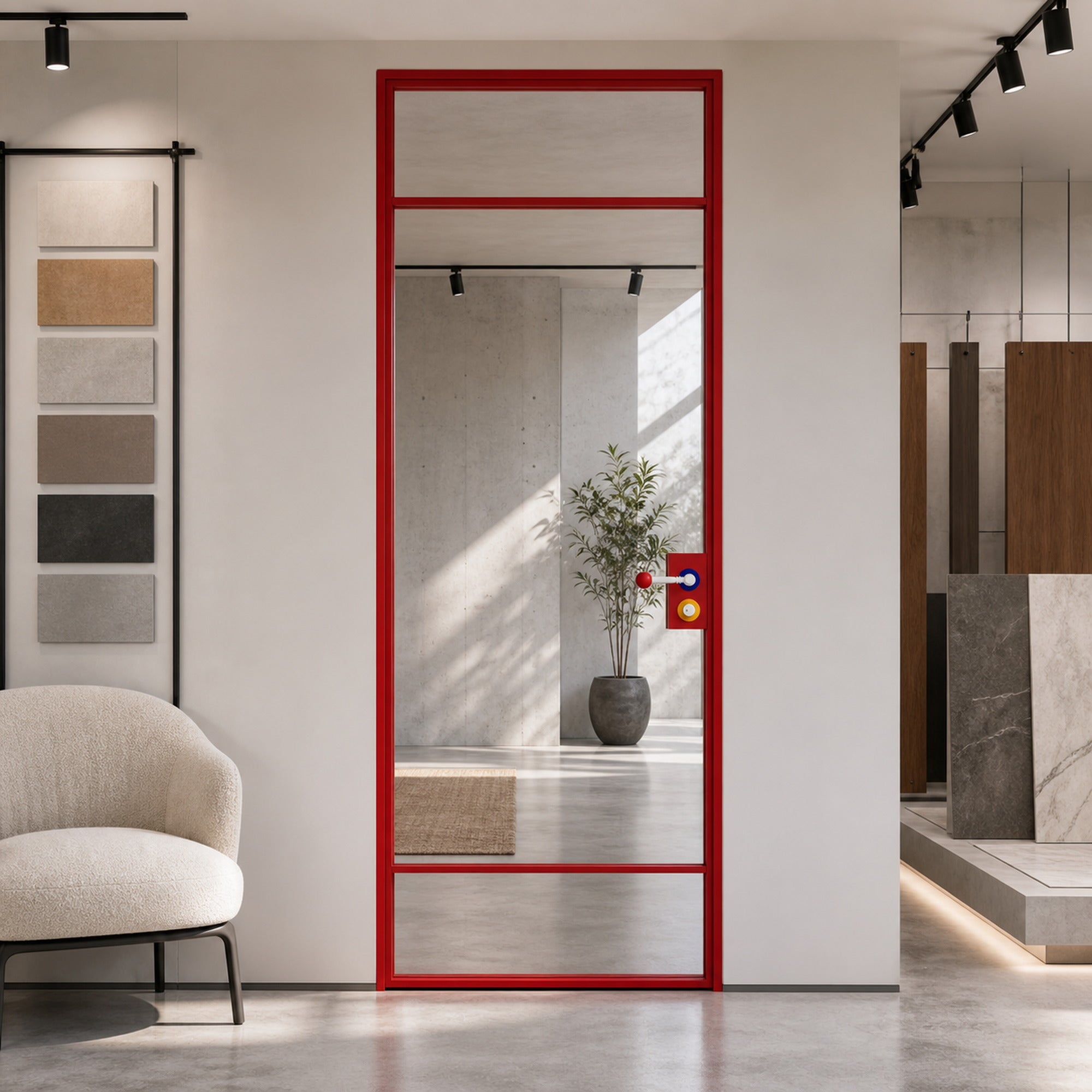 Red Minimalist Full-Glass Interior Door with Transom