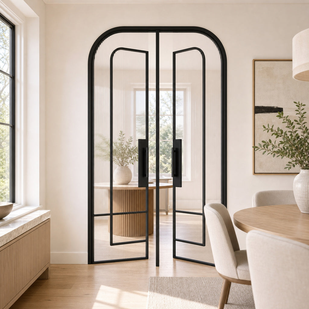 Black Layered-Arch Reeded Glass Double Door