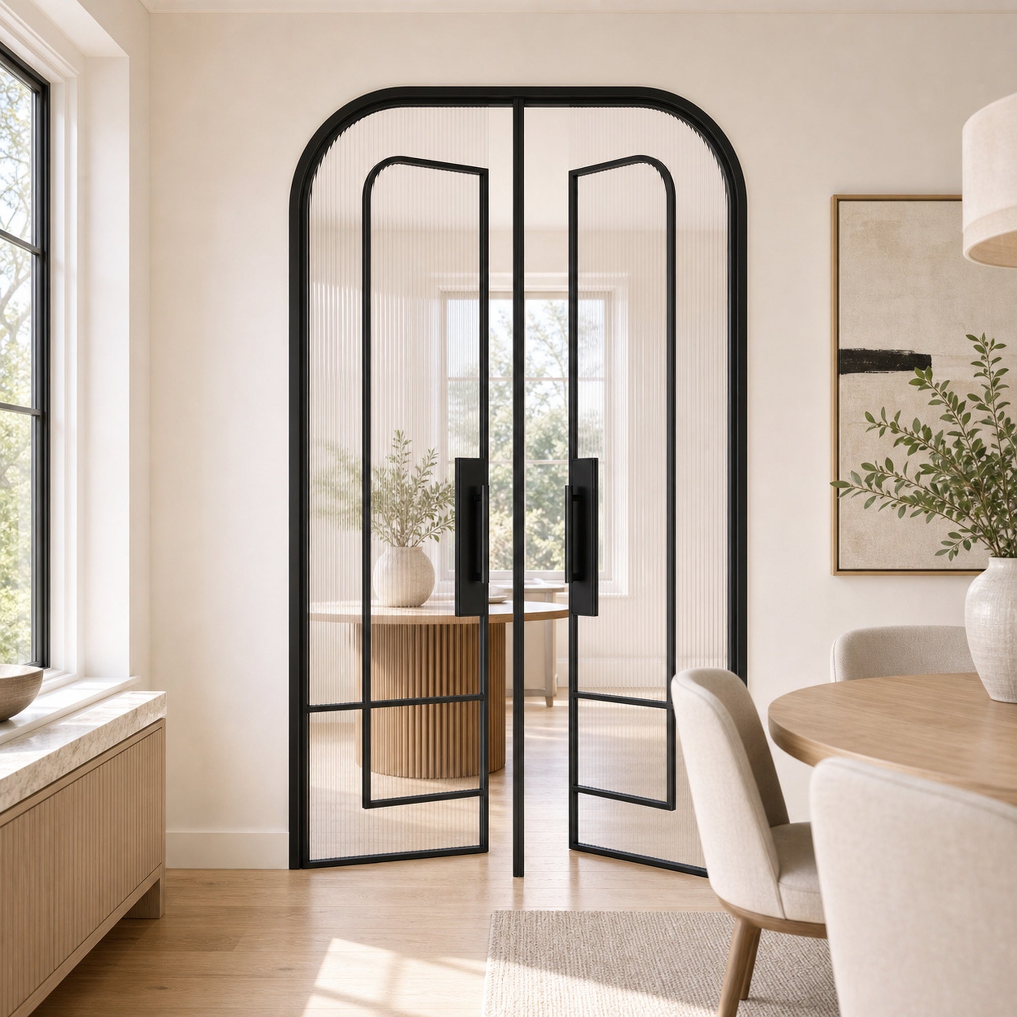 Black Layered-Arch Reeded Glass Double Door