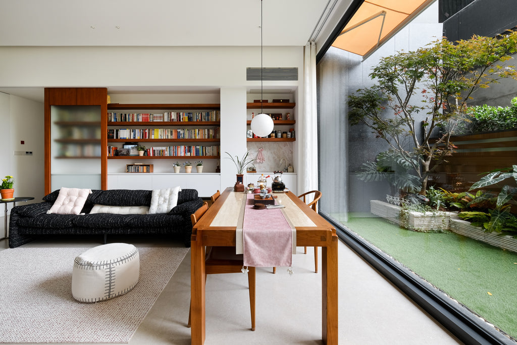 Custom Teak Veneer Shelving System with Sliding Glass Door & Lacquered Cabinet
