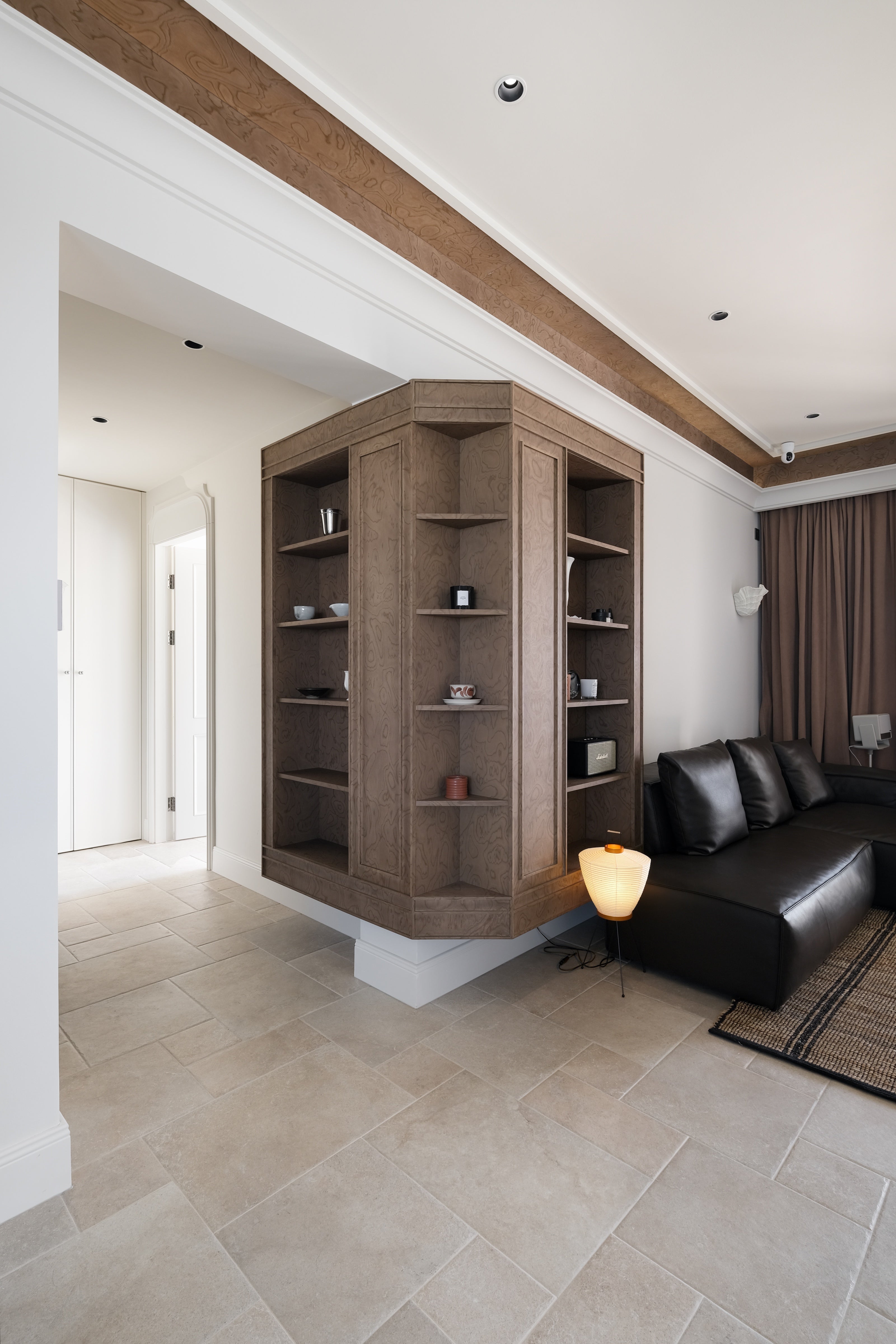 Custom Figured Wood Display Cabinet with Open Shelving