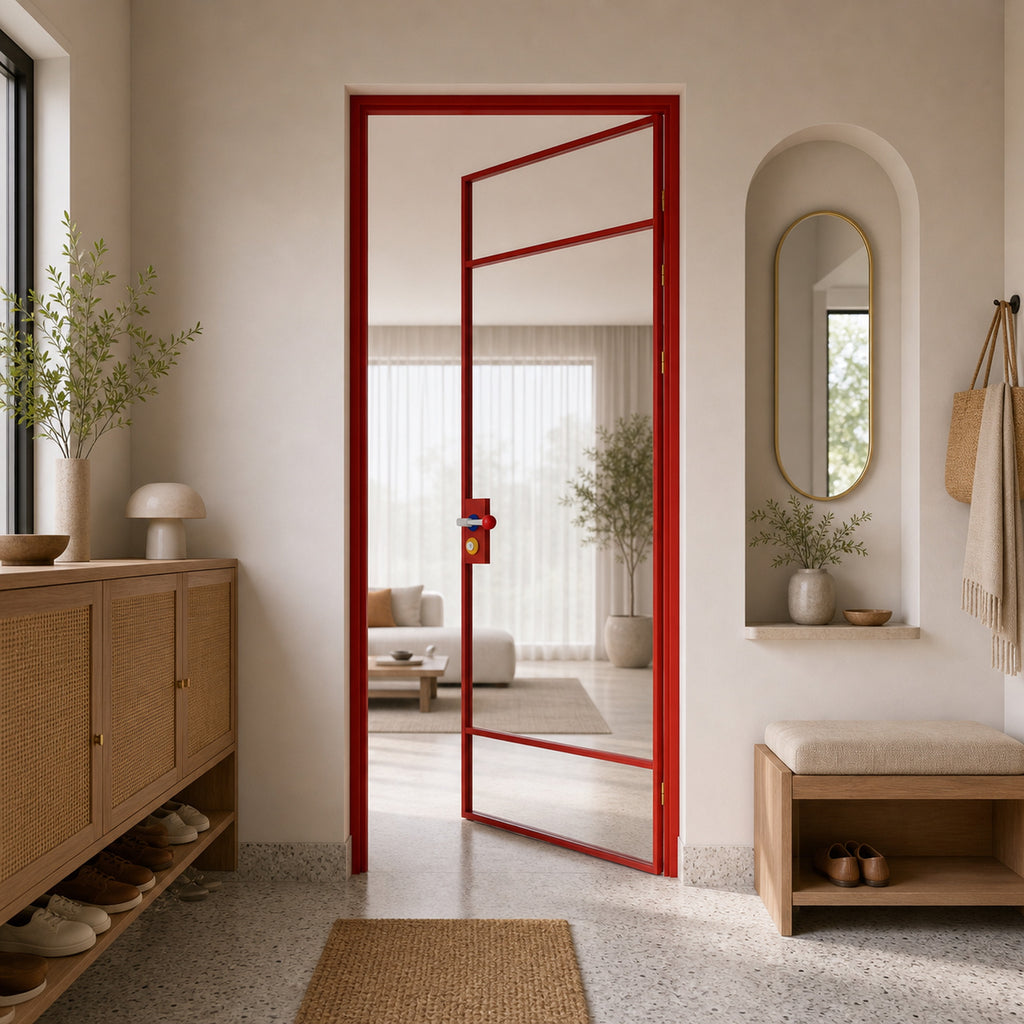 Red Minimalist Full-Glass Interior Door with Transom