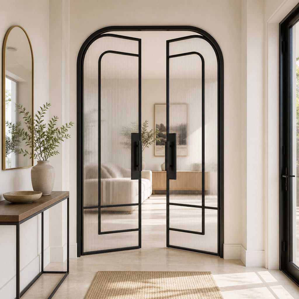 Black Layered-Arch Reeded Glass Double Door