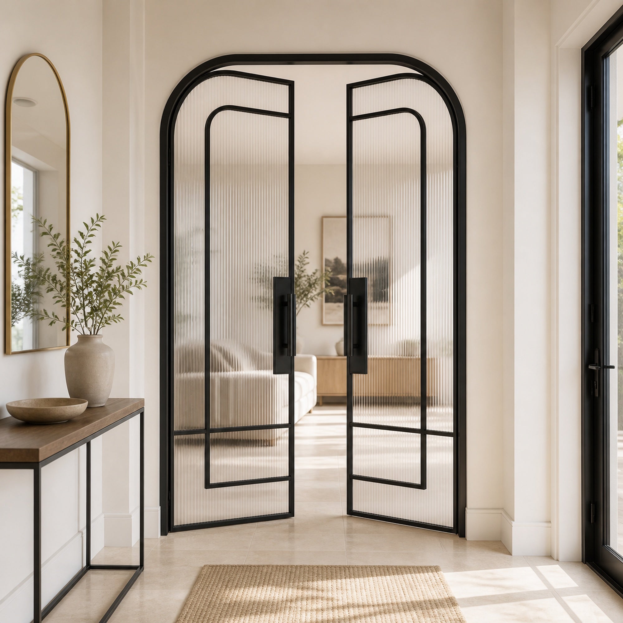 Black Layered-Arch Reeded Glass Double Door