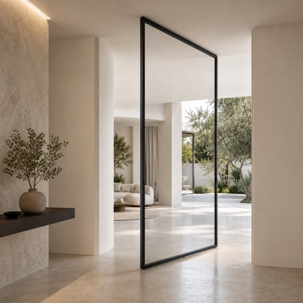 Minimalist Clear Glass Pivot Door | Graphite Aluminum Frame