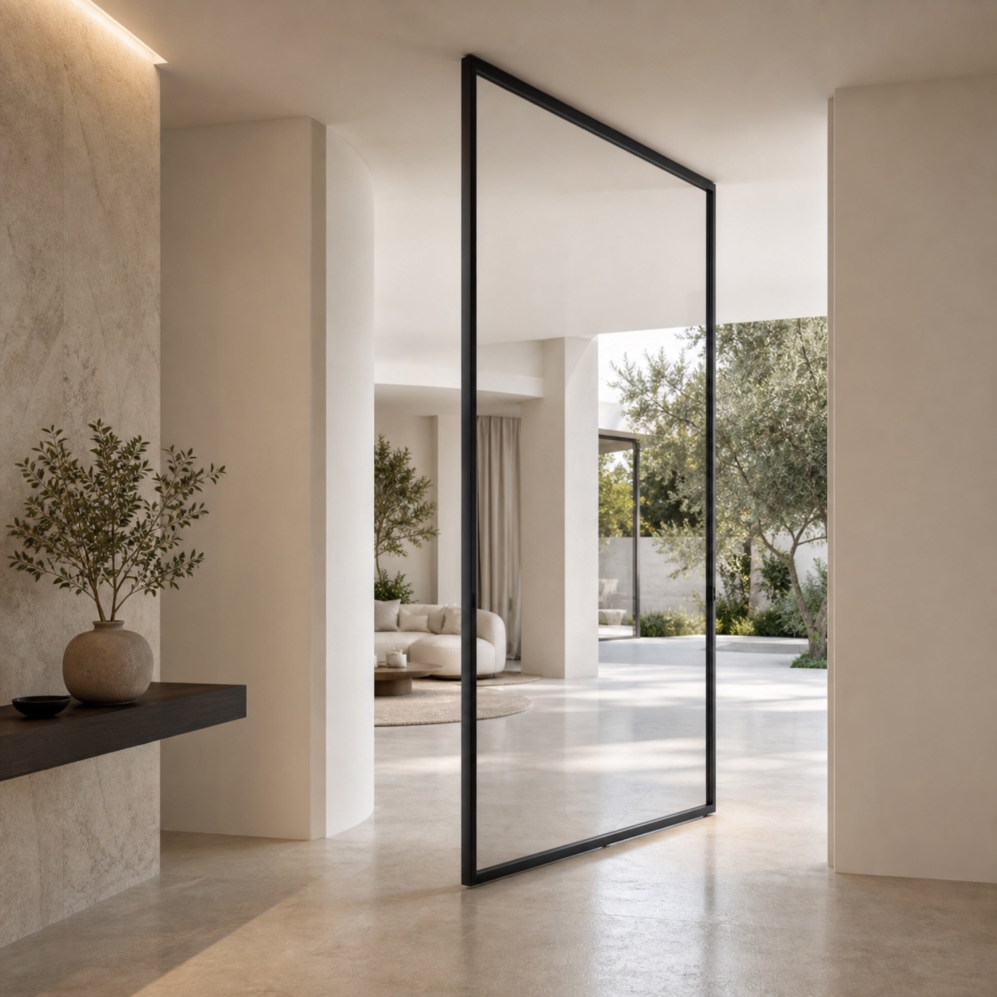 Minimalist Clear Glass Pivot Door | Graphite Aluminum Frame