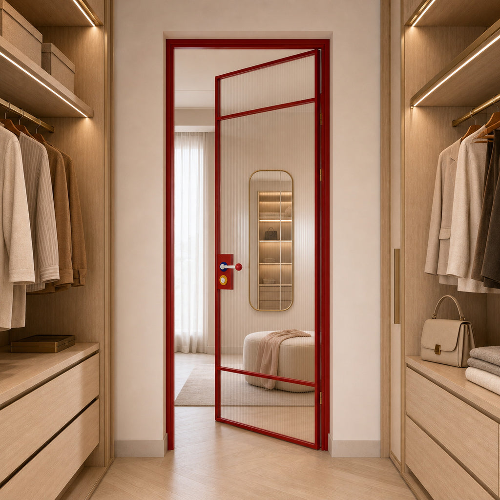 Red Minimalist Full-Glass Interior Door with Transom