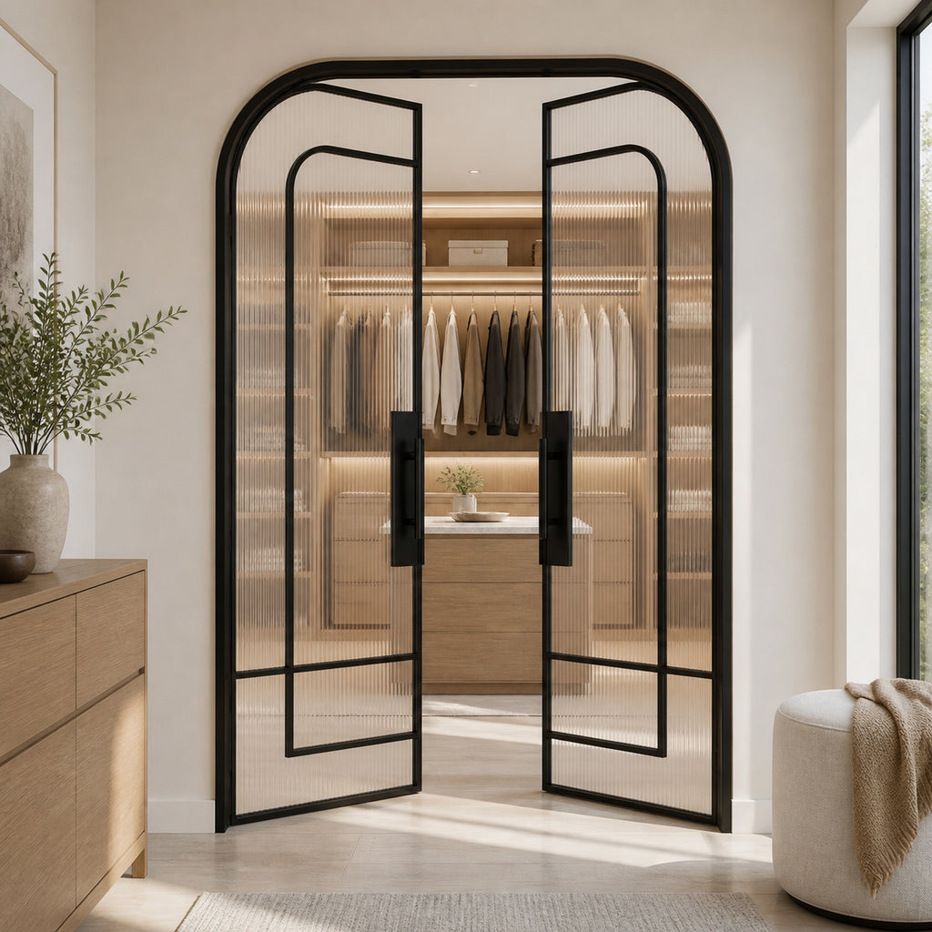 Black Layered-Arch Reeded Glass Double Door