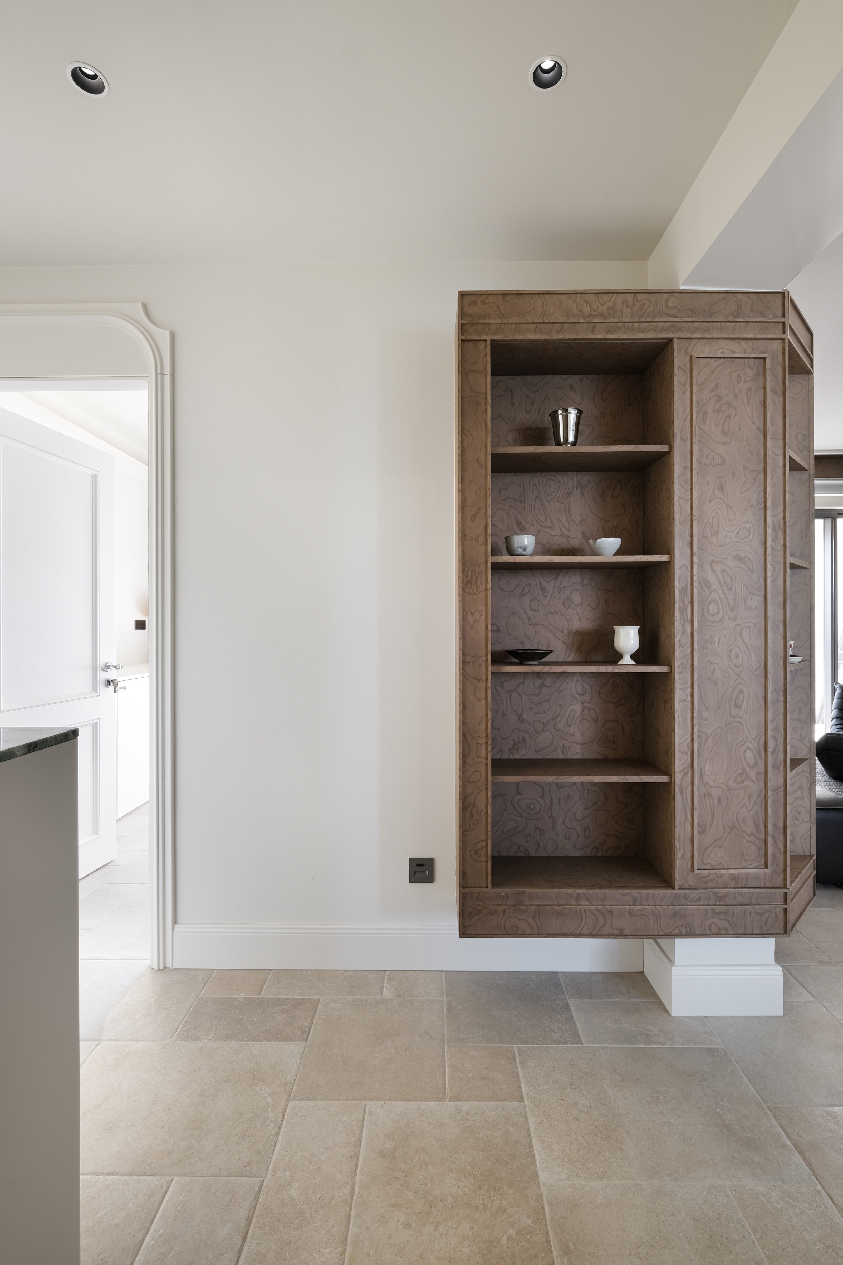 Custom Figured Wood Display Cabinet with Open Shelving