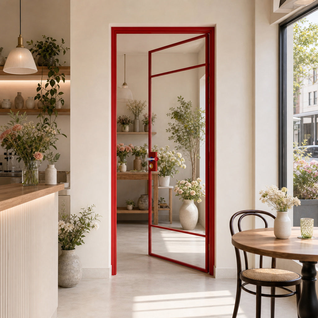 Red Minimalist Full-Glass Interior Door with Transom