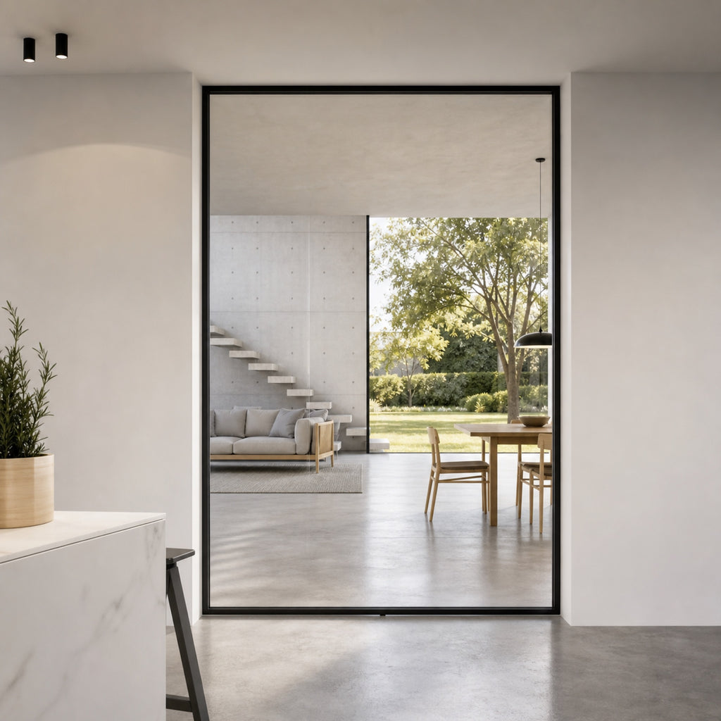 Minimalist Clear Glass Pivot Door | Graphite Aluminum Frame