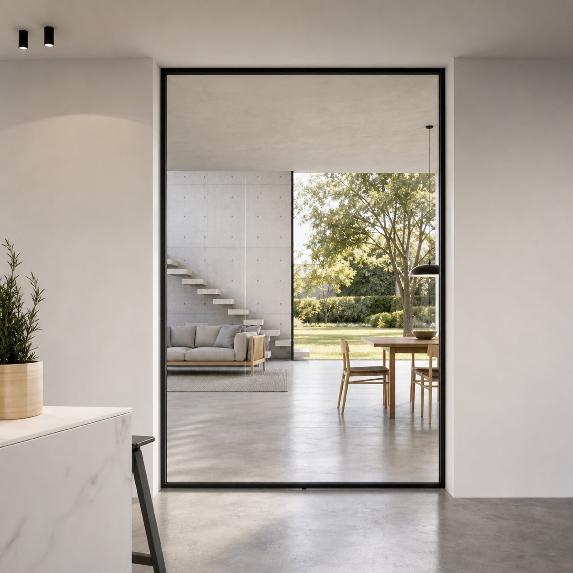 Minimalist Clear Glass Pivot Door | Graphite Aluminum Frame