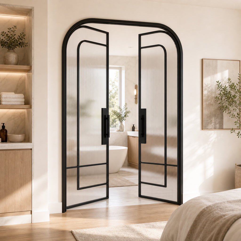 Black Layered-Arch Reeded Glass Double Door